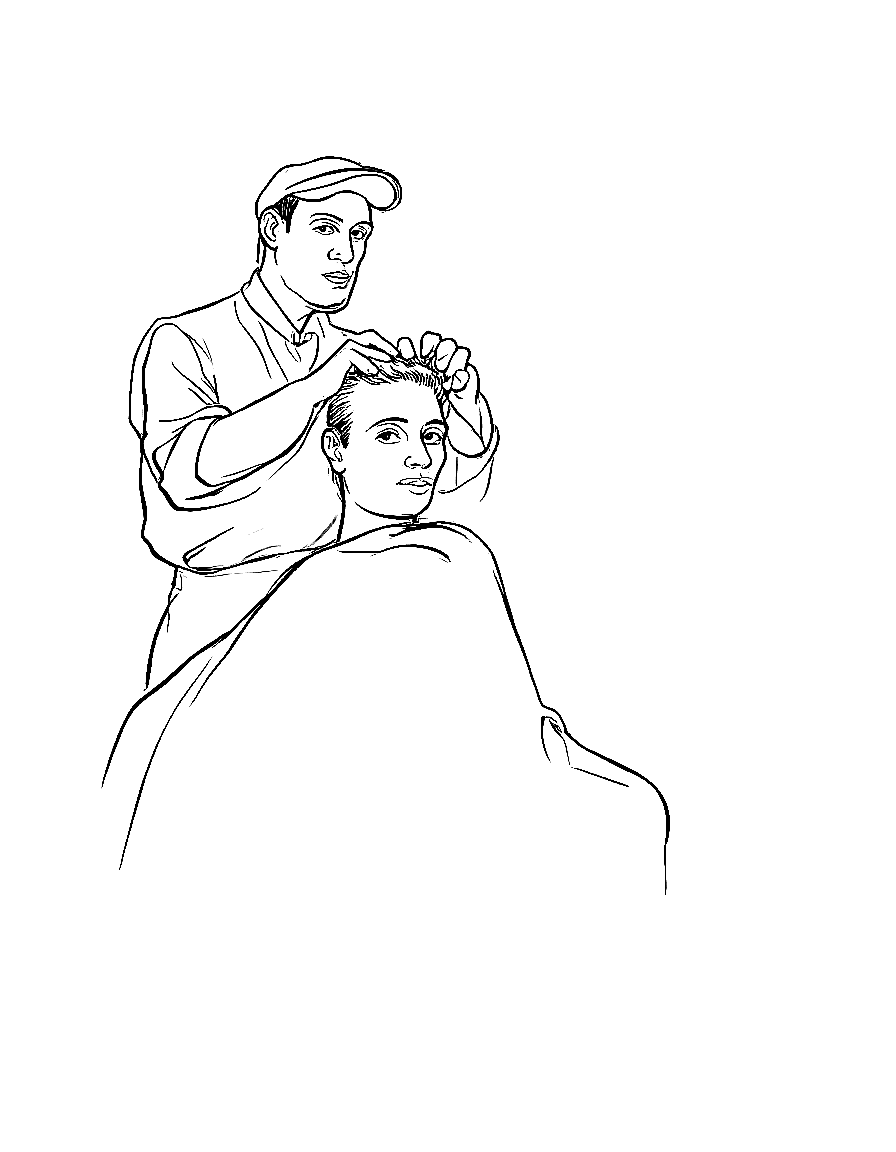 a barber giving a haircut in an old shop coloring page Rockwell style free printable