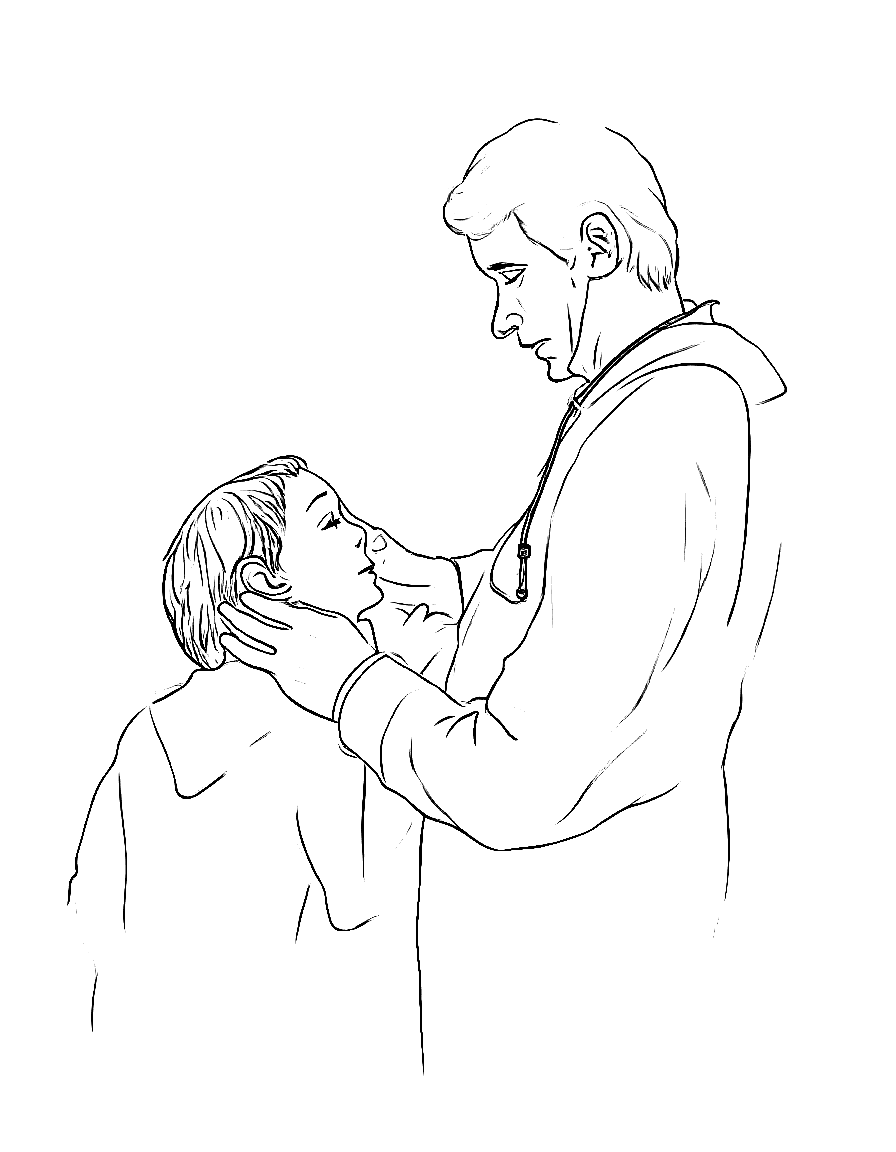 a doctor examining a child with a stethoscope coloring page Rockwell style free printable