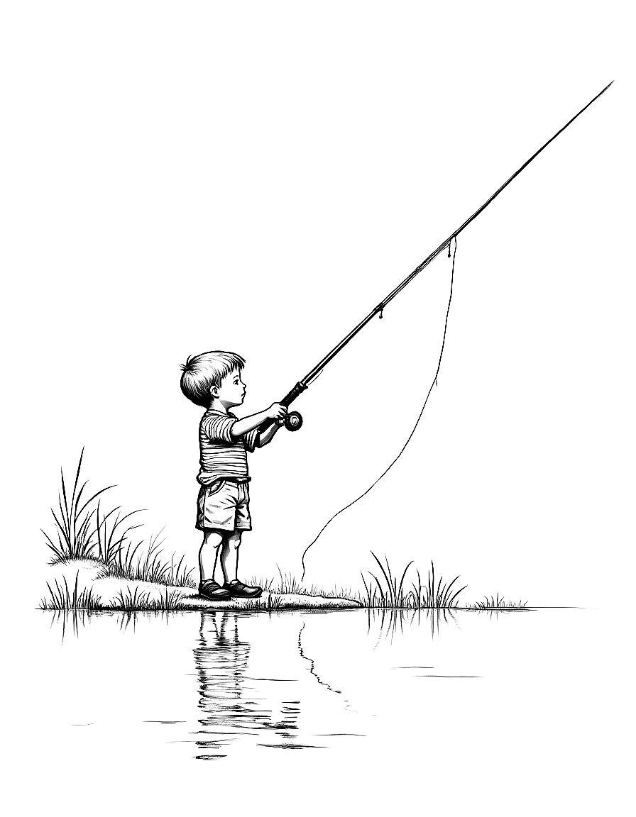 a boy fishing at a pond on a summer day coloring page Rockwell style - free printable