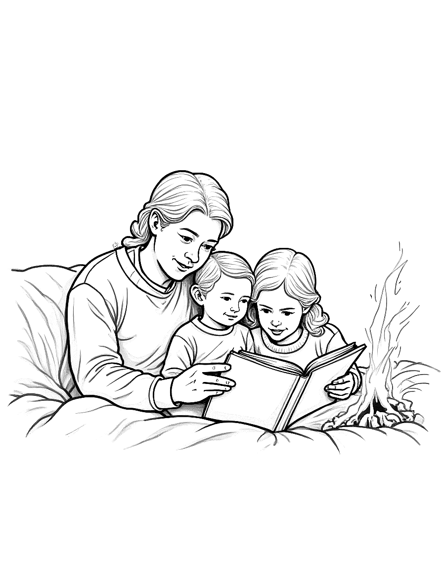 a family reading together by the fire coloring page Rockwell style free printable