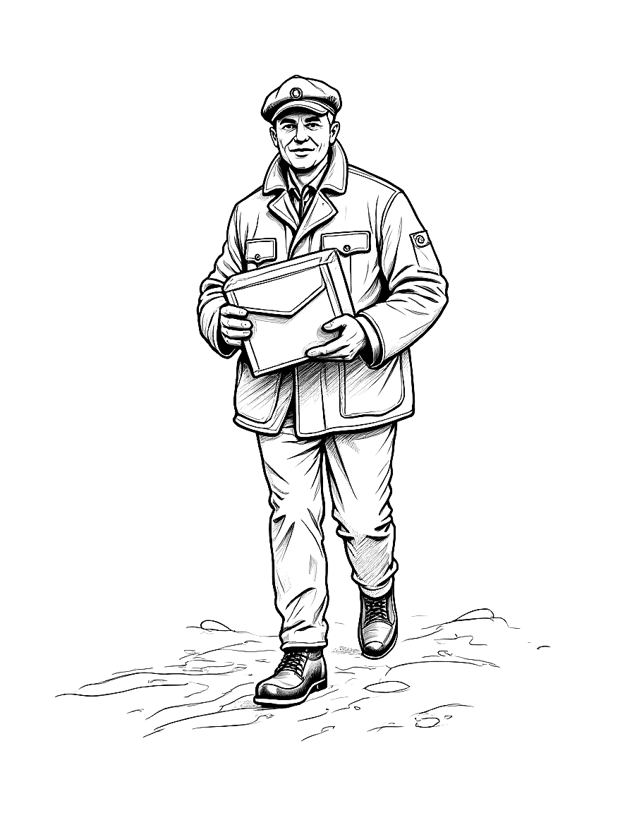 a postman delivering mail on a snowy street coloring page Rockwell style free printable