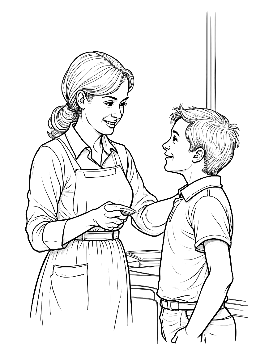 a teacher helping a student at a chalkboard coloring page Rockwell style free printable
