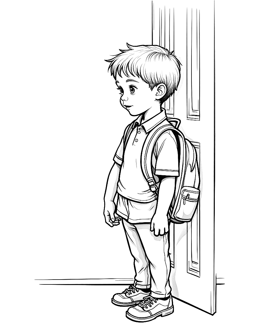 a boy getting ready for his first day of school coloring page Rockwell style free printable