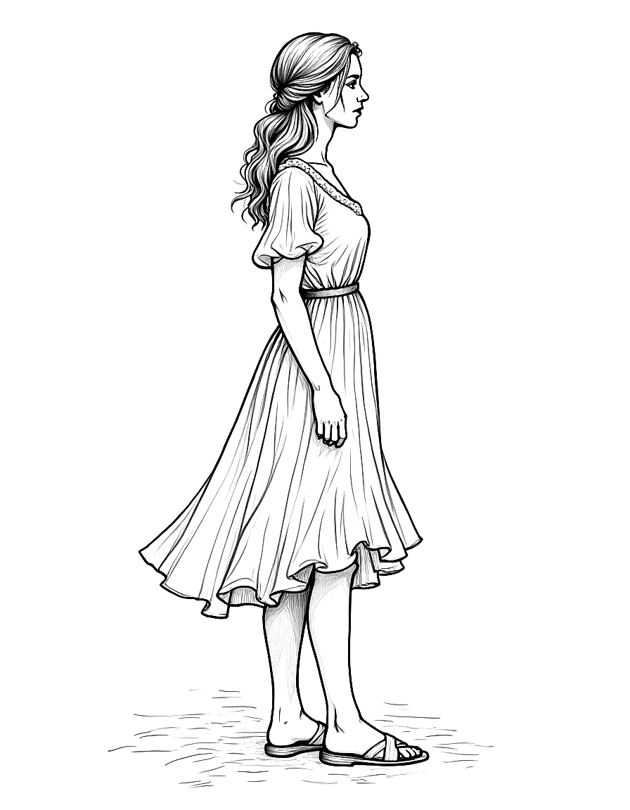 a woman in a summer dress standing in dappled light coloring page Sargent style - free printable