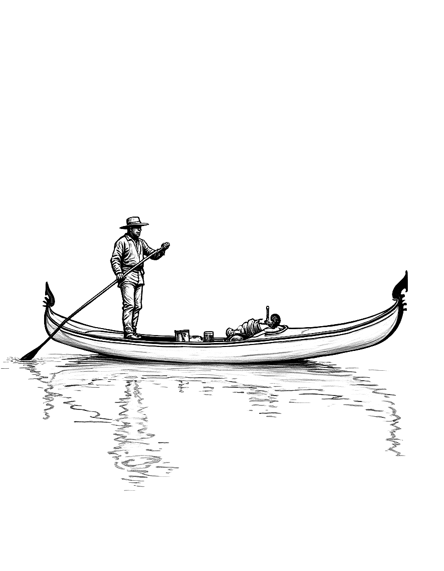 a Venetian gondolier on a canal coloring page Sargent style free printable