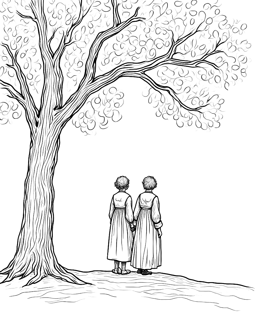 two figures beneath eucalyptus trees coloring page Sargent style free printable