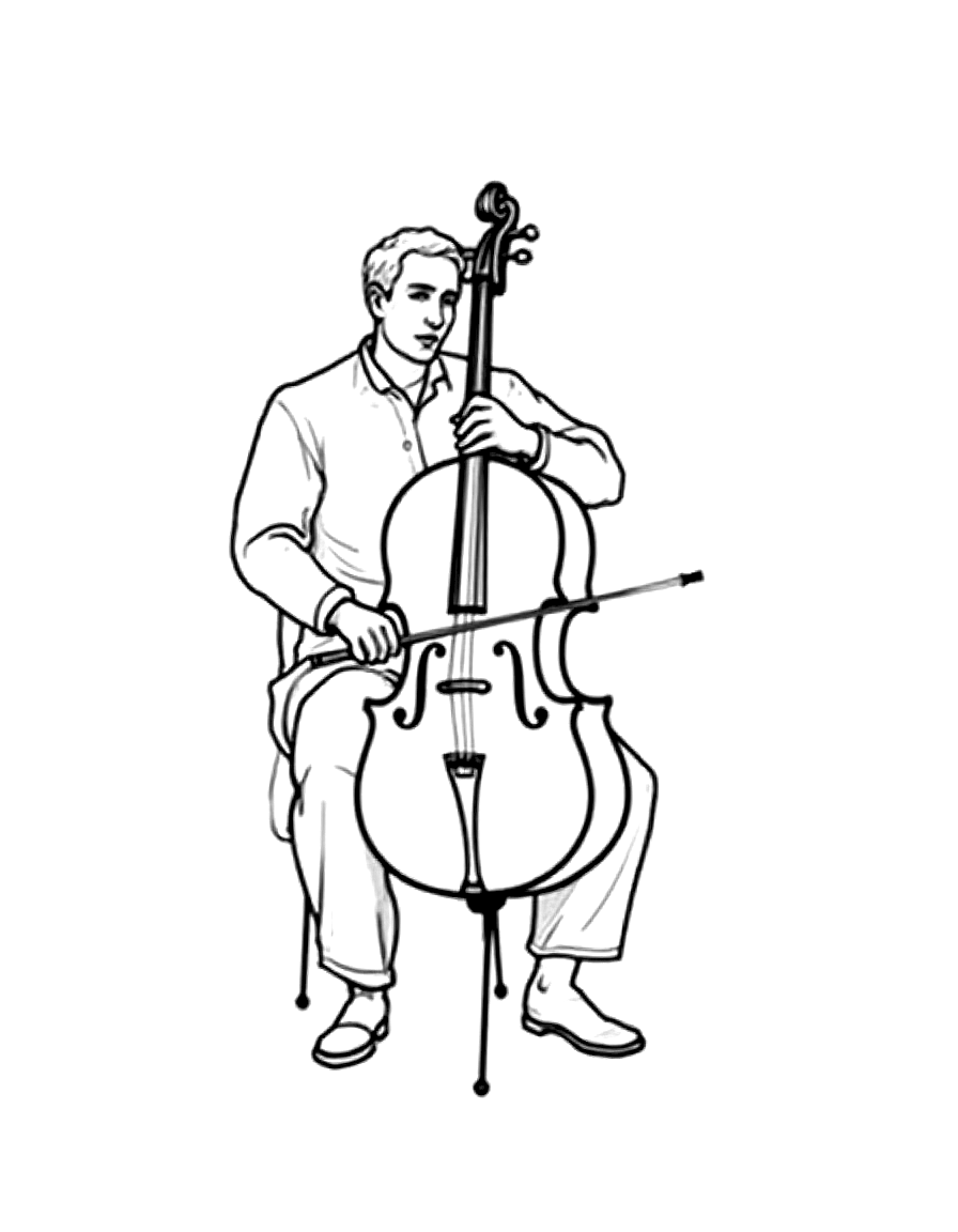 a seated musician with a cello coloring page Sargent style - free printable