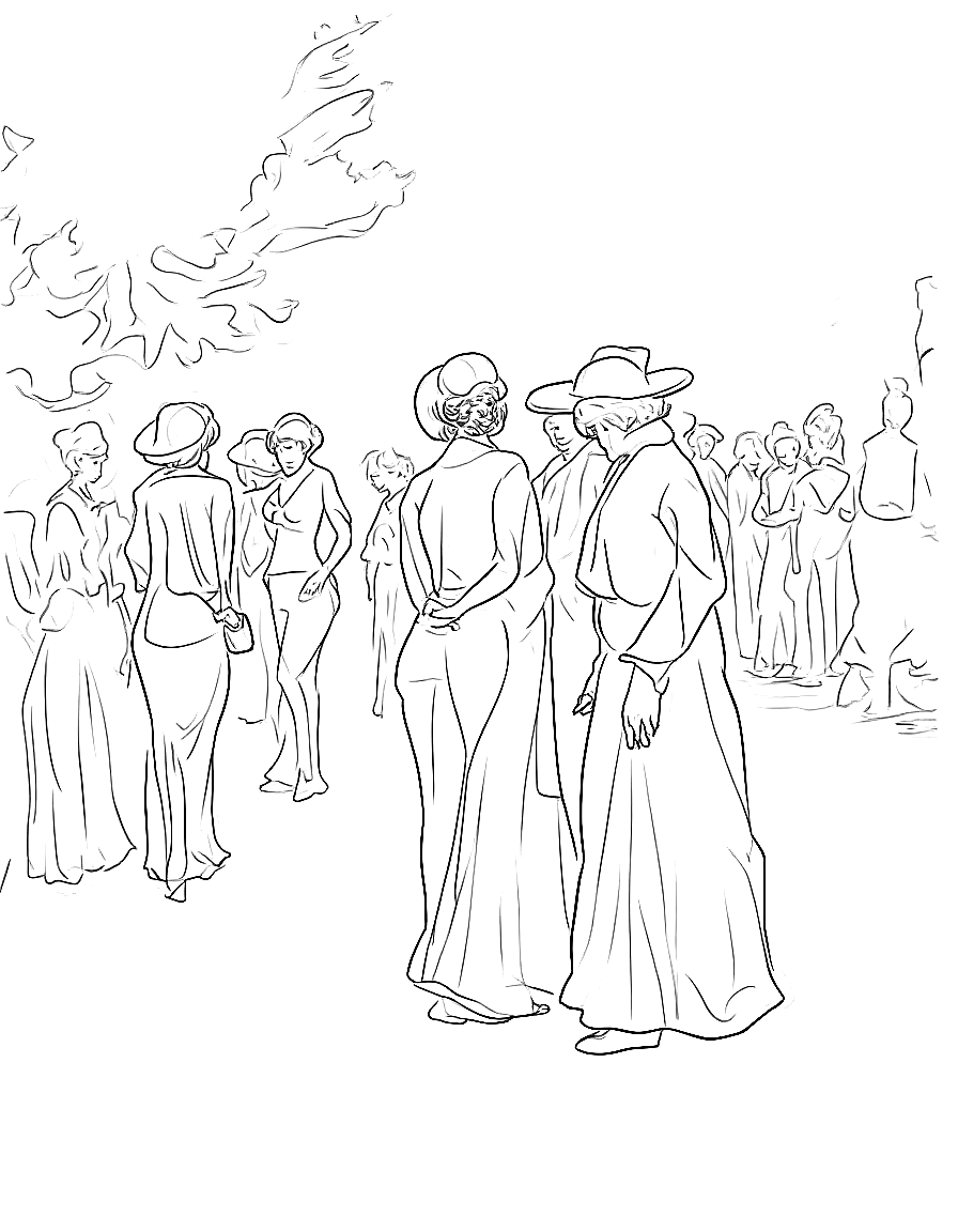a garden party with figures in afternoon light coloring page Sargent style free printable