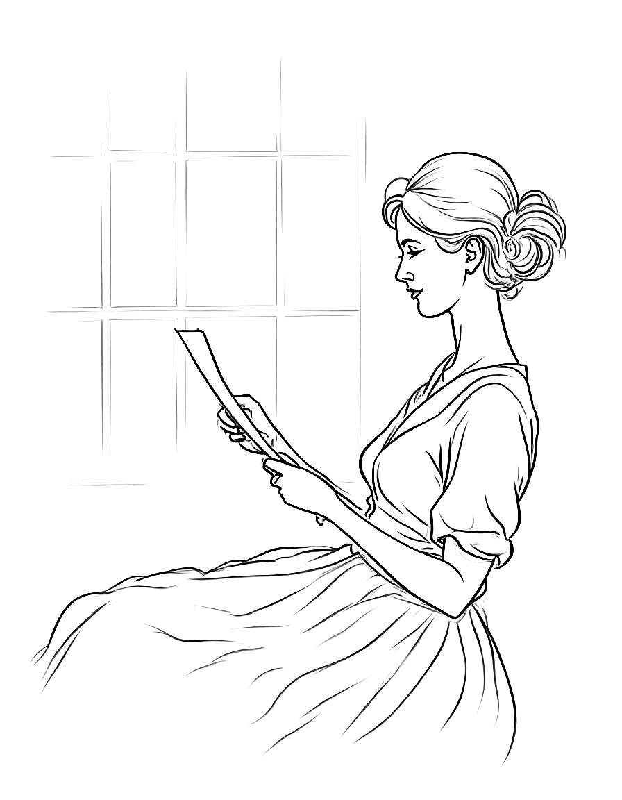 a woman reading a letter by a window coloring page Sargent style free printable