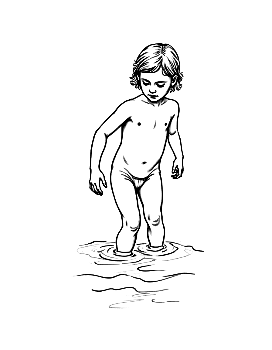 a child playing in shallow water coloring page Sargent style free printable