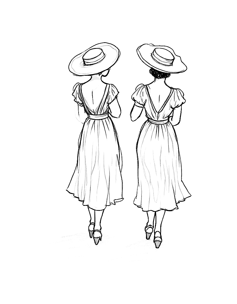 two women with parasols in bright sunlight coloring page Sargent style free printable