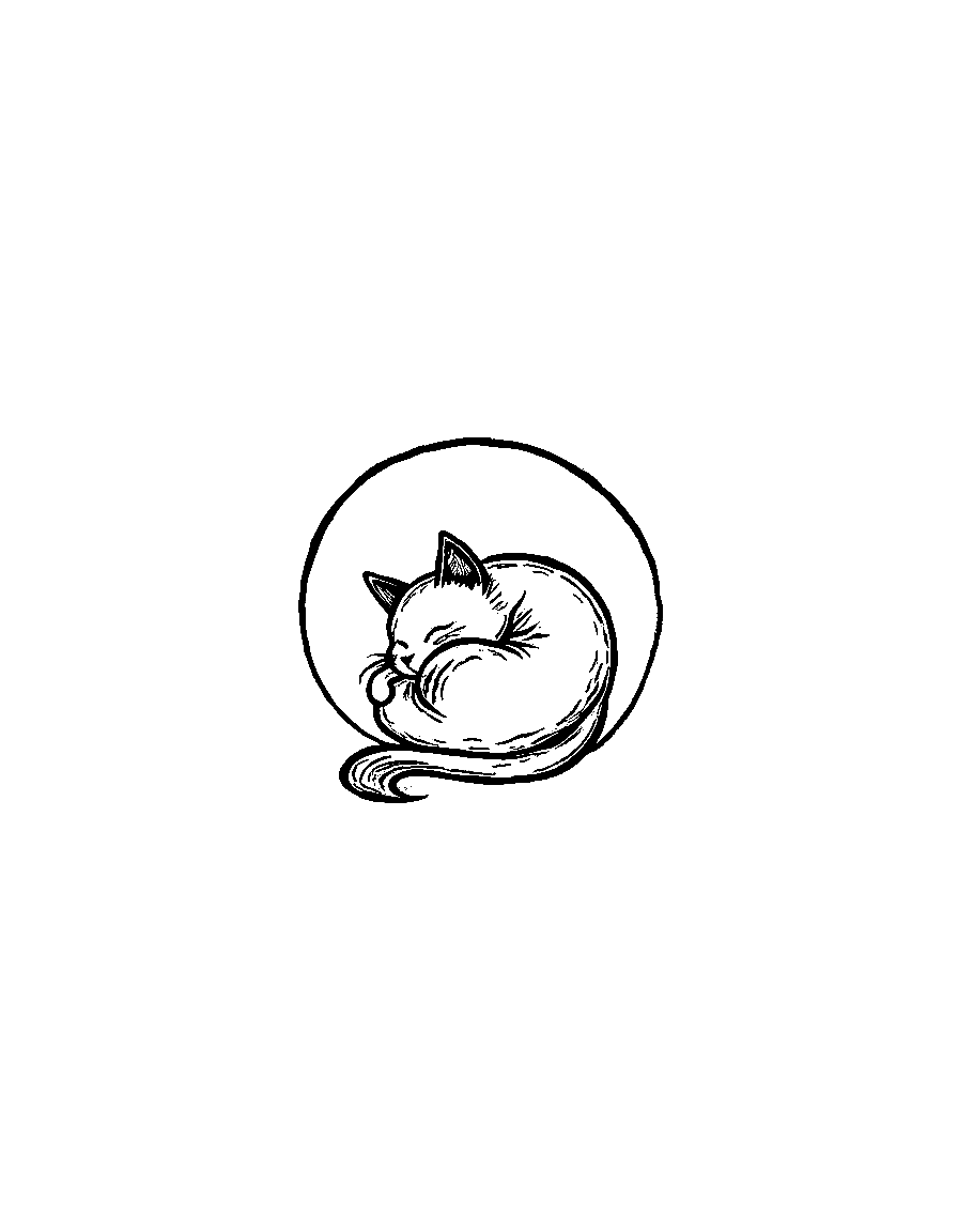 a cat sleeping curled in a circle coloring page Sumi-e style free printable