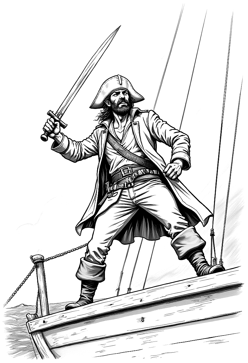 a pirate brandishing a cutlass on a ship deck coloring page Wyeth style free printable