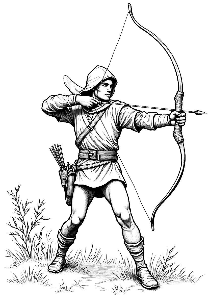 Robin Hood drawing a longbow in Sherwood Forest coloring page Wyeth style free printable