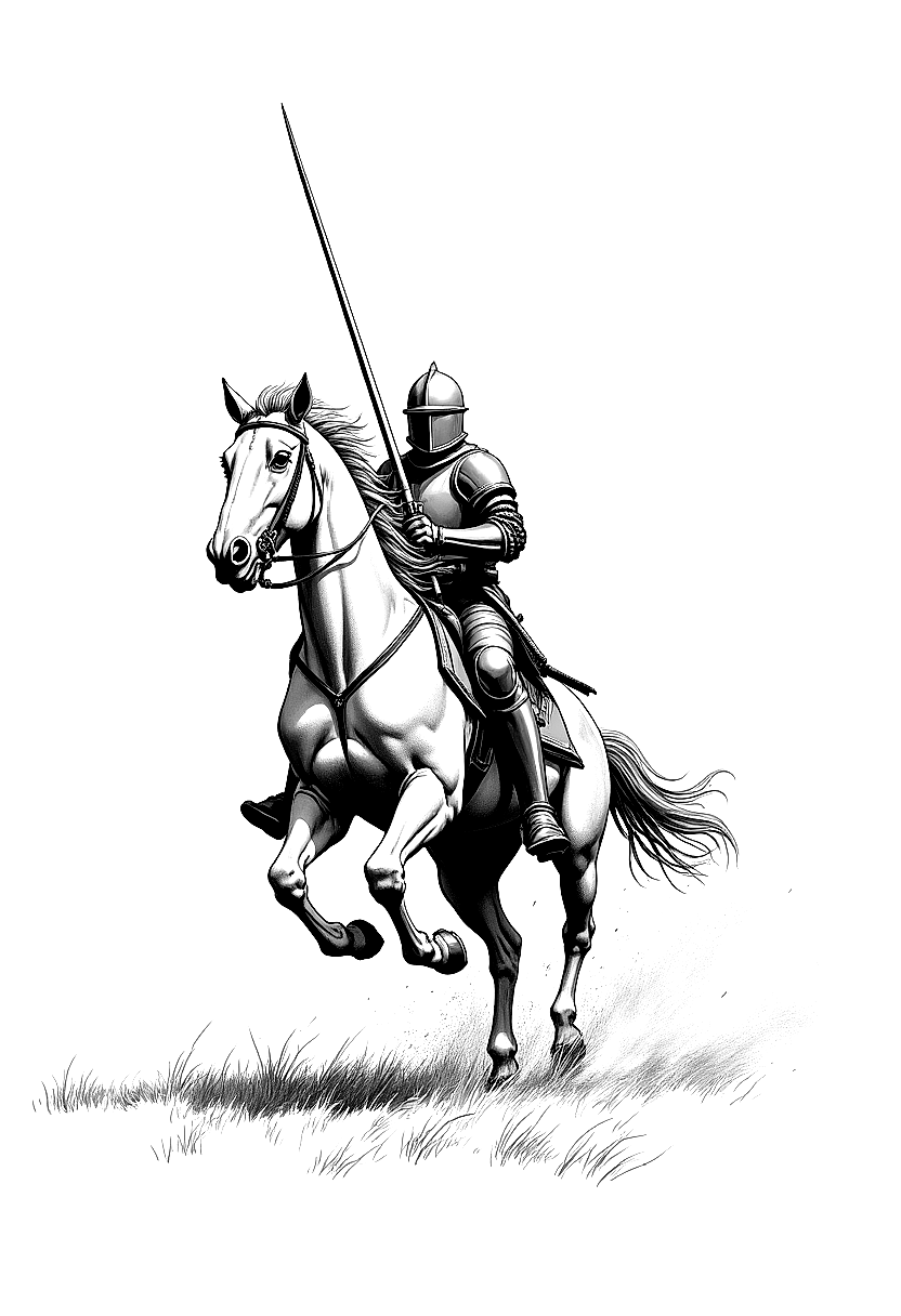 a knight charging on horseback with lance leveled coloring page Wyeth style - free printable