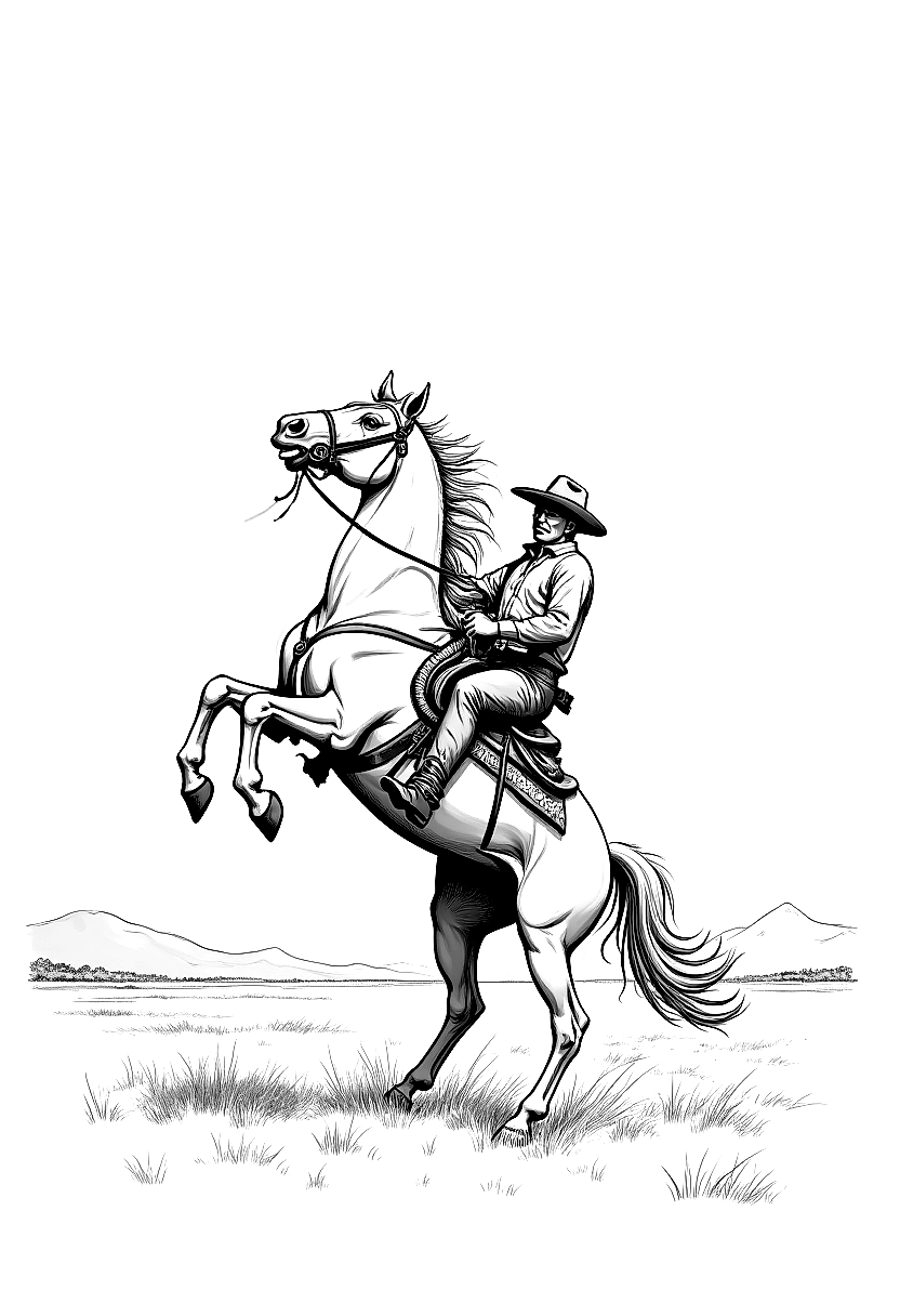a cowboy on a rearing horse at sunset coloring page Wyeth style - free printable