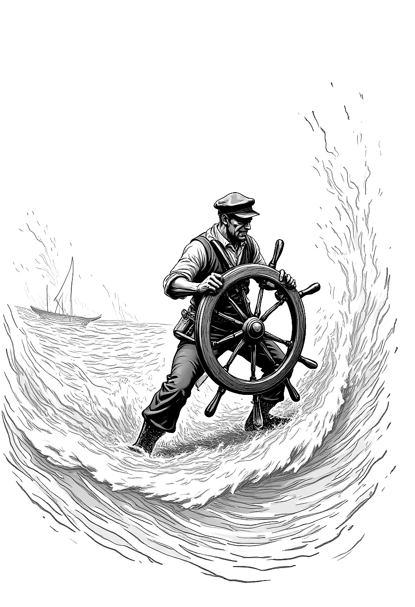 a sailor wrestling with a ship wheel in a storm coloring page Wyeth style - free printable