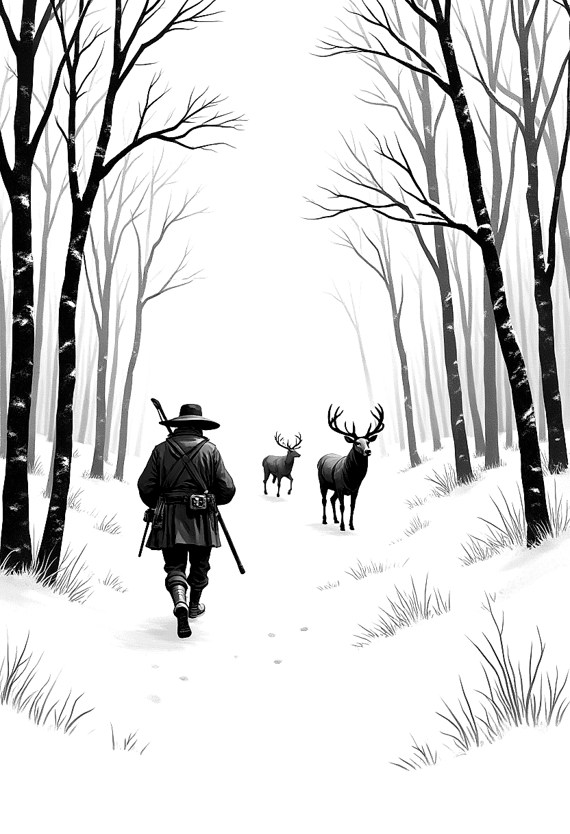 a hunter tracking deer through a winter forest coloring page Wyeth style - free printable