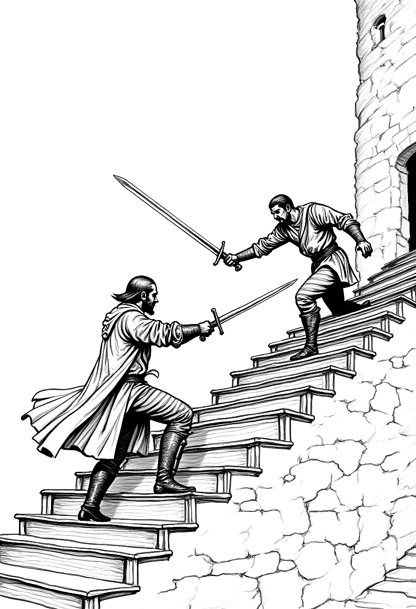 a swordfight on a castle staircase coloring page Wyeth style - free printable