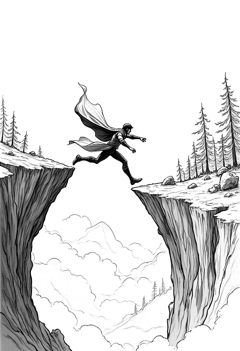 a hero leaping across a chasm coloring page Wyeth style free printable