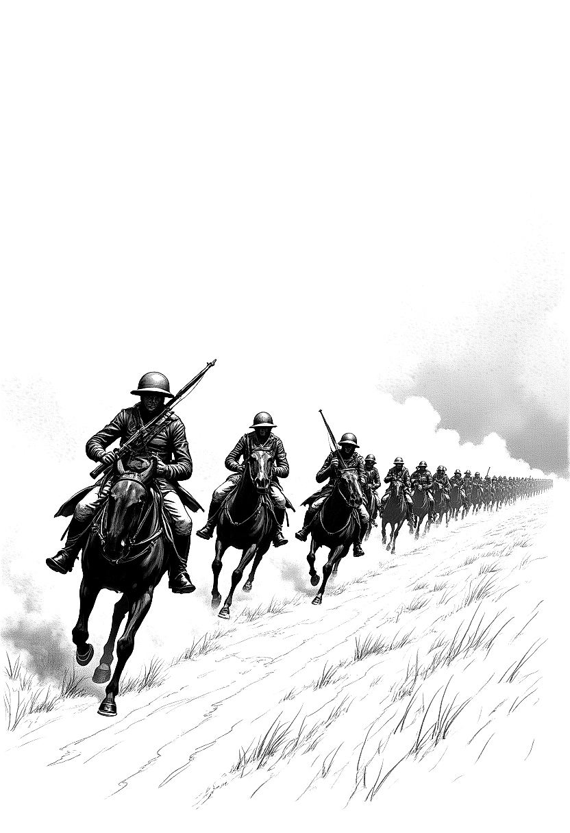 soldiers advancing through a smoky battlefield coloring page Wyeth style free printable