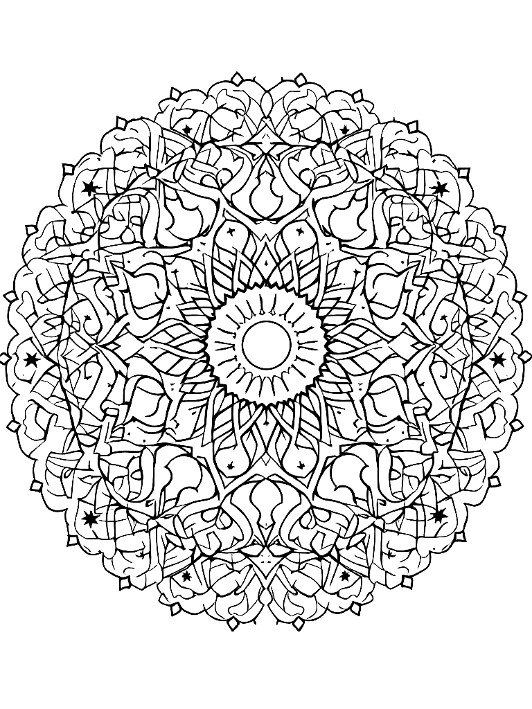 Free sleep and rest themed mandala, perfect radial symmetry, soft flowing curved lines, rounded edges only, crescent moon shapes integrated into circular geometry, gentle cloud-like forms, subtle star elements embedded within pattern, wide balanced spacing between layers, calming and slow visual rhythm, no sharp points, no harsh geometry, clean black vector line art, adult coloring book page, white background, printable 8.5x8.5 with bleed, high resolution, no shading, no gray tones, no color fill, no textures coloring page in contour style — printable line art