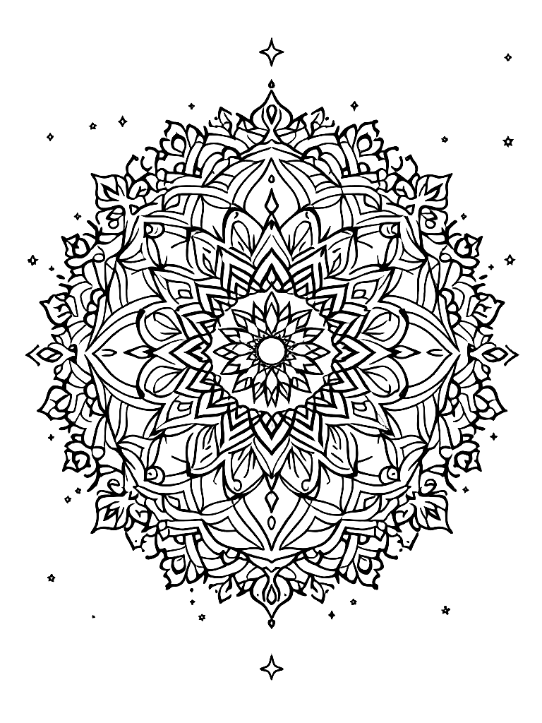 Free sleep and rest themed mandala, perfect radial symmetry, soft flowing curved lines, rounded edges only, crescent moon shapes integrated into circular geometry, gentle cloud-like forms, subtle star elements embedded within pattern, wide balanced spacing between layers, calming and slow visual rhythm, no sharp points, no harsh geometry, clean black vector line art, adult coloring book page, white background, printable 8.5x8.5 with bleed, high resolution, no shading, no gray tones, no color fill, no textures, from a three-quarter side angle, in a snowy winter landscape coloring page in contour style — printable line art