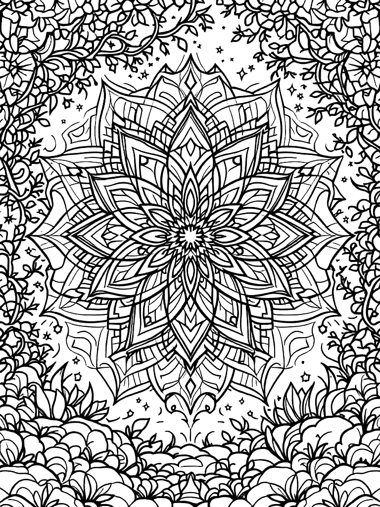 Free sleep and rest themed mandala, perfect radial symmetry, soft flowing curved lines, rounded edges only, crescent moon shapes integrated into circular geometry, gentle cloud-like forms, subtle star elements embedded within pattern, wide balanced spacing between layers, calming and slow visual rhythm, no sharp points, no harsh geometry, clean black vector line art, adult coloring book page, white background, printable 8.5x8.5 with bleed, high resolution, no shading, no gray tones, no color fill, no textures, from a bird's eye view looking down, in a garden with vines and stone walls coloring page in contour style — printable line art