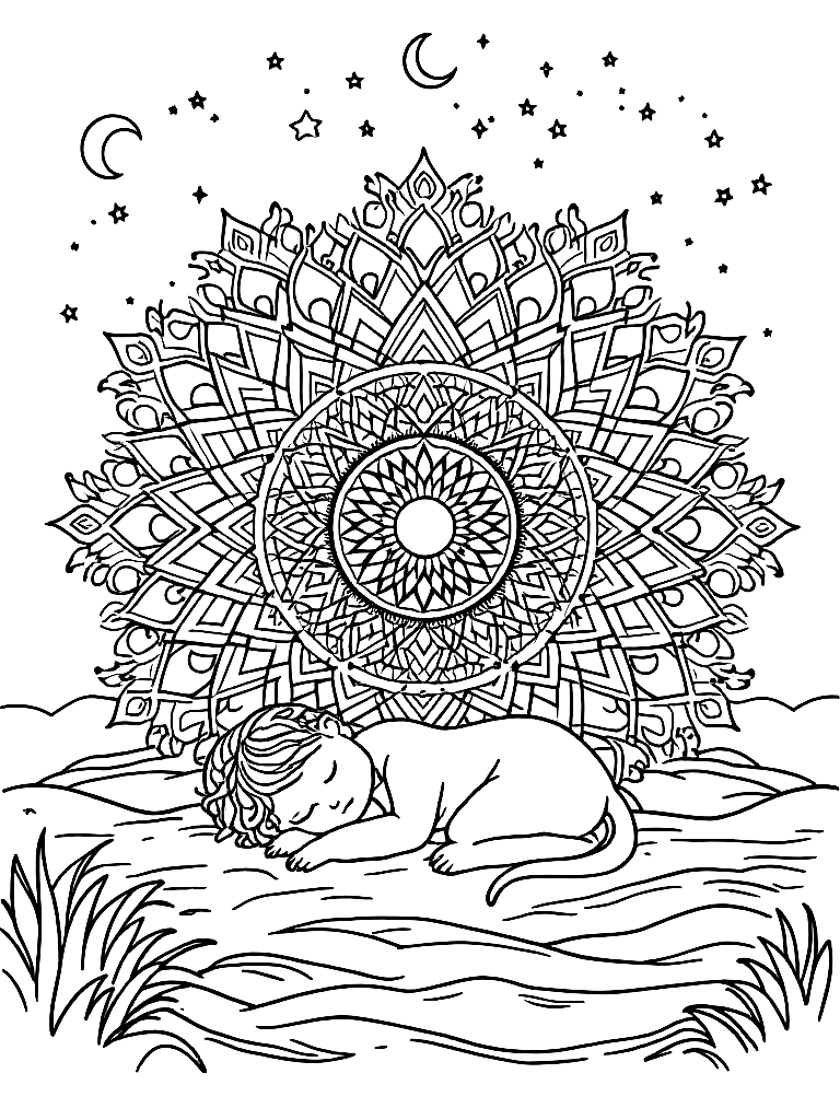 Sleep and rest themed mandala, perfect radial symmetry, soft flowing curved lines, rounded edges only, crescent moon shapes integrated into circular geometry, gentle cloud-like forms, subtle star elements embedded within pattern, wide balanced spacing between layers, calming and slow visual rhythm, no sharp points, no harsh geometry, clean black vector line art, adult coloring book page, white background, printable 8.5x8.5 with bleed, high resolution, no shading, no gray tones, no color fill, no textures, in a peaceful resting pose, on a sandy beach with gentle waves coloring page Contour style free printable
