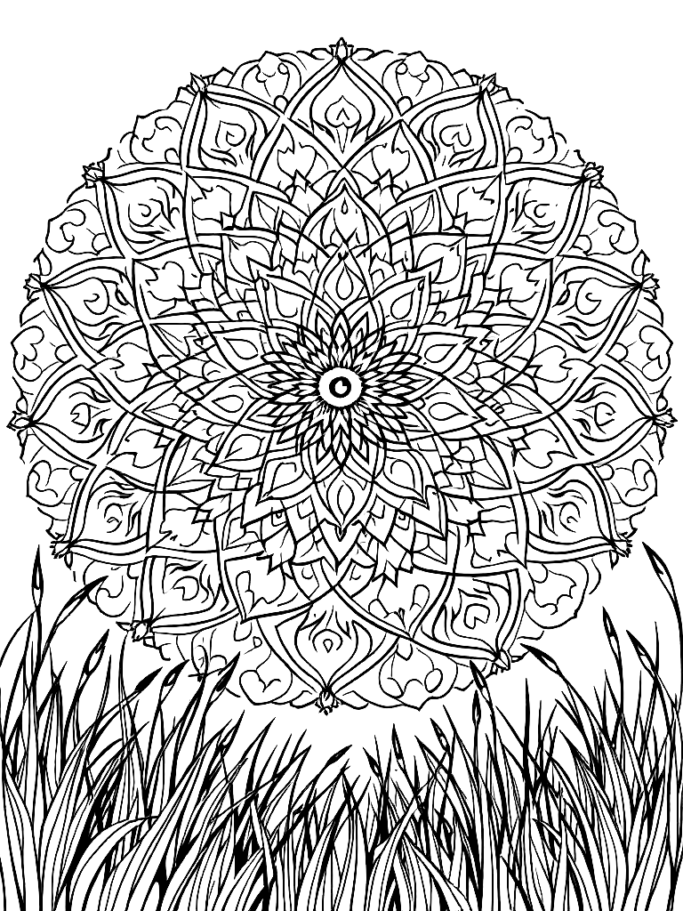 Free sleep and rest themed mandala, perfect radial symmetry, soft flowing curved lines, rounded edges only, crescent moon shapes integrated into circular geometry, gentle cloud-like forms, subtle star elements embedded within pattern, wide balanced spacing between layers, calming and slow visual rhythm, no sharp points, no harsh geometry, clean black vector line art, adult coloring book page, white background, printable 8.5x8.5 with bleed, high resolution, no shading, no gray tones, no color fill, no textures, from a dramatic low angle looking up, in a field of tall grass at golden hour coloring page in contour style — printable line art