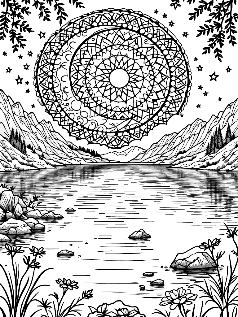 Sleep and rest themed mandala, perfect radial symmetry, soft flowing curved lines, rounded edges only, crescent moon shapes integrated into circular geometry, gentle cloud-like forms, subtle star elements embedded within pattern, wide balanced spacing between layers, calming and slow visual rhythm, no sharp points, no harsh geometry, clean black vector line art, adult coloring book page, white background, printable 8.5x8.5 with bleed, high resolution, no shading, no gray tones, no color fill, no textures, from behind, looking away into the distance, by a calm lake with mountains in the background coloring page Contour style free printable