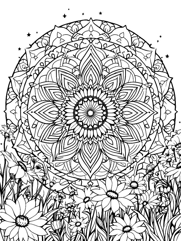 Sleep and rest themed mandala, perfect radial symmetry, soft flowing curved lines, rounded edges only, crescent moon shapes integrated into circular geometry, gentle cloud-like forms, subtle star elements embedded within pattern, wide balanced spacing between layers, calming and slow visual rhythm, no sharp points, no harsh geometry, clean black vector line art, adult coloring book page, white background, printable 8.5x8.5 with bleed, high resolution, no shading, no gray tones, no color fill, no textures, in an action pose with dynamic movement, in a sunlit meadow with wildflowers coloring page Contour style free printable