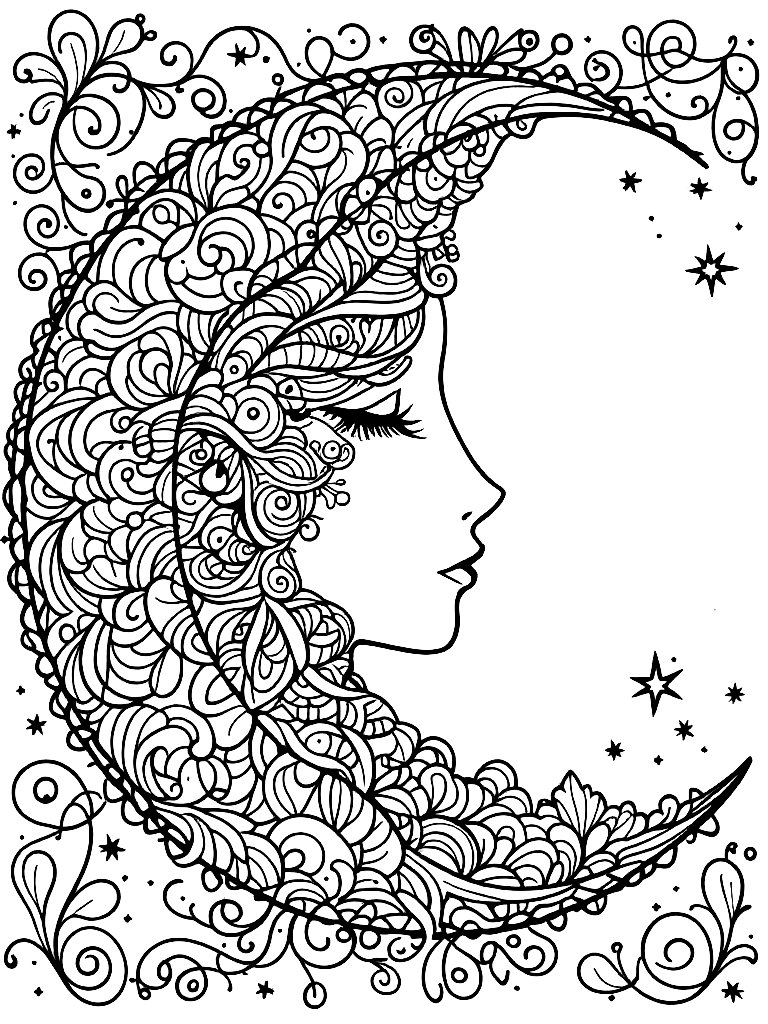 Sleep and rest themed mandala, perfect radial symmetry, soft flowing curved lines, rounded edges only, crescent moon shapes integrated into circular geometry, gentle cloud-like forms, subtle star elements embedded within pattern, wide balanced spacing between layers, calming and slow visual rhythm, no sharp points, no harsh geometry, clean black vector line art, adult coloring book page, white background, printable 8.5x8.5 with bleed, high resolution, no shading, no gray tones, no color fill, no textures, from the side in full profile view, in a whimsical scene with decorative swirls coloring page Contour style free printable