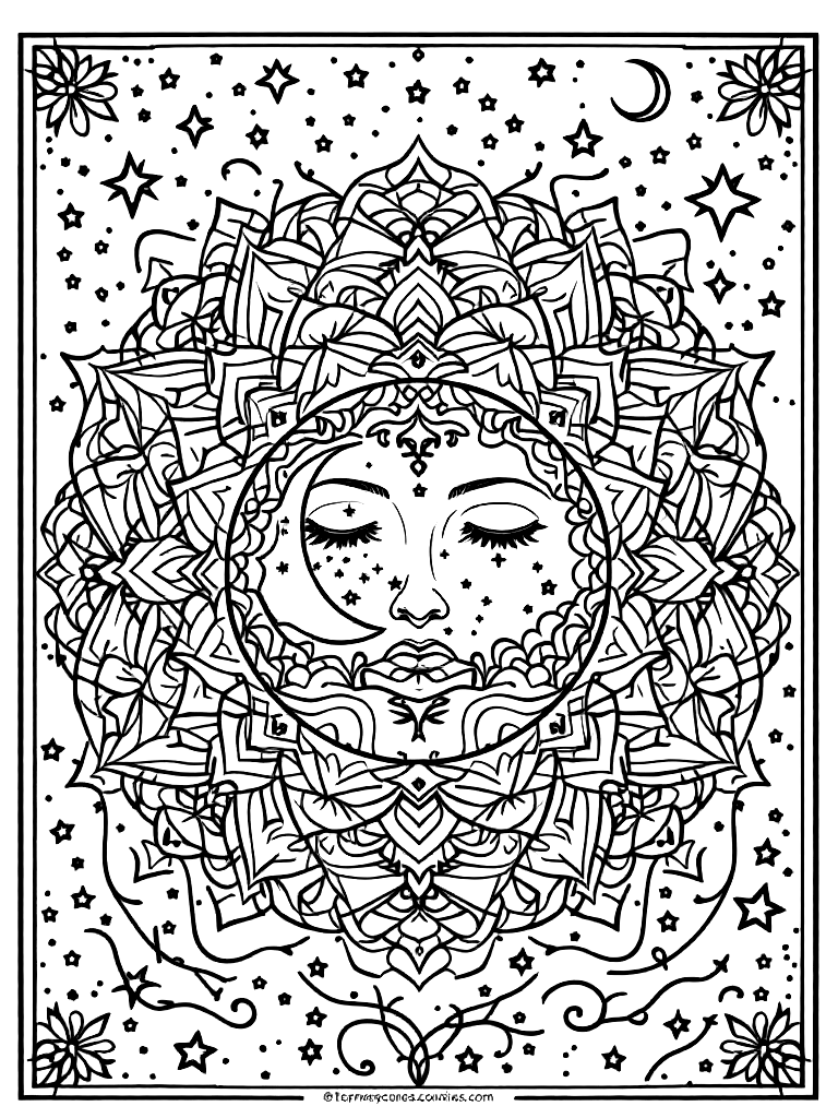 Sleep and rest themed mandala, perfect radial symmetry, soft flowing curved lines, rounded edges only, crescent moon shapes integrated into circular geometry, gentle cloud-like forms, subtle star elements embedded within pattern, wide balanced spacing between layers, calming and slow visual rhythm, no sharp points, no harsh geometry, clean black vector line art, adult coloring book page, white background, printable 8.5x8.5 with bleed, high resolution, no shading, no gray tones, no color fill, no textures, surrounded by a decorative border frame, under a starlit night sky coloring page Contour style free printable
