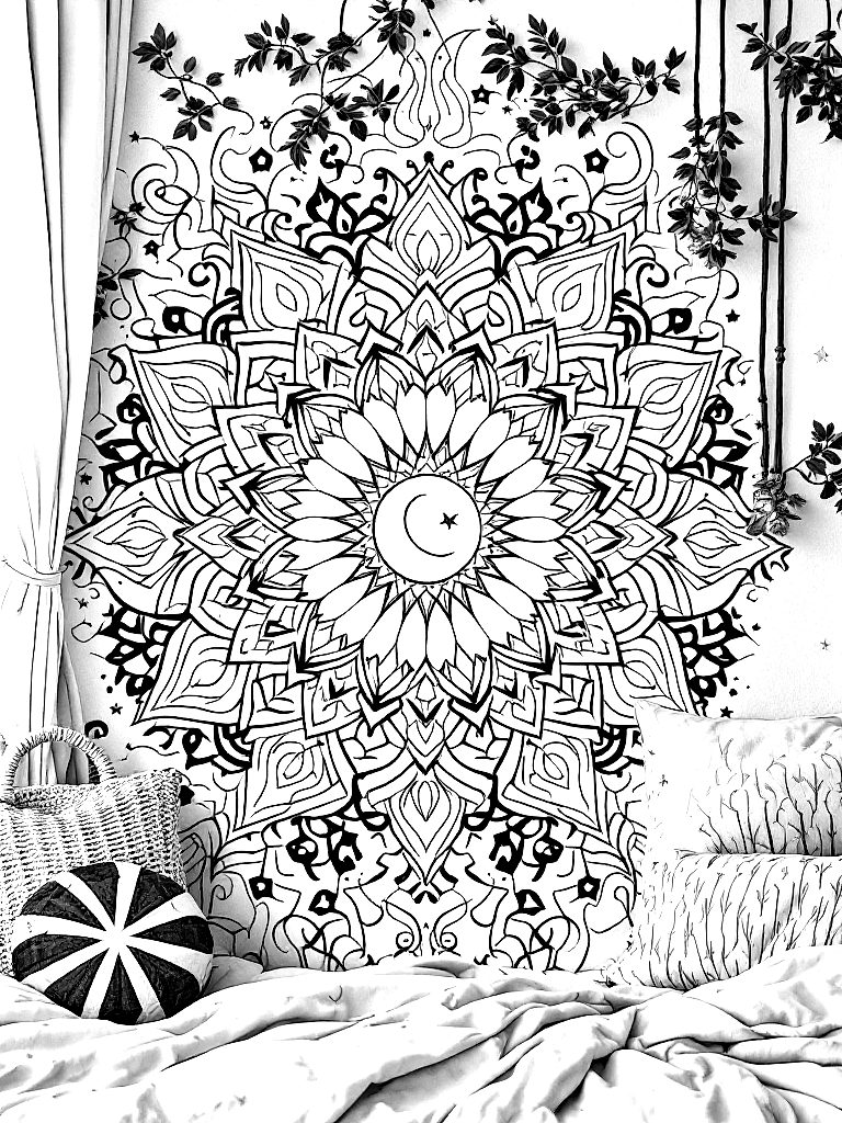 Free sleep and rest themed mandala, perfect radial symmetry, soft flowing curved lines, rounded edges only, crescent moon shapes integrated into circular geometry, gentle cloud-like forms, subtle star elements embedded within pattern, wide balanced spacing between layers, calming and slow visual rhythm, no sharp points, no harsh geometry, clean black vector line art, adult coloring book page, white background, printable 8.5x8.5 with bleed, high resolution, no shading, no gray tones, no color fill, no textures, in a close-up portrait view with fine detail, in a cozy indoor setting with warm details coloring page in contour style — printable line art