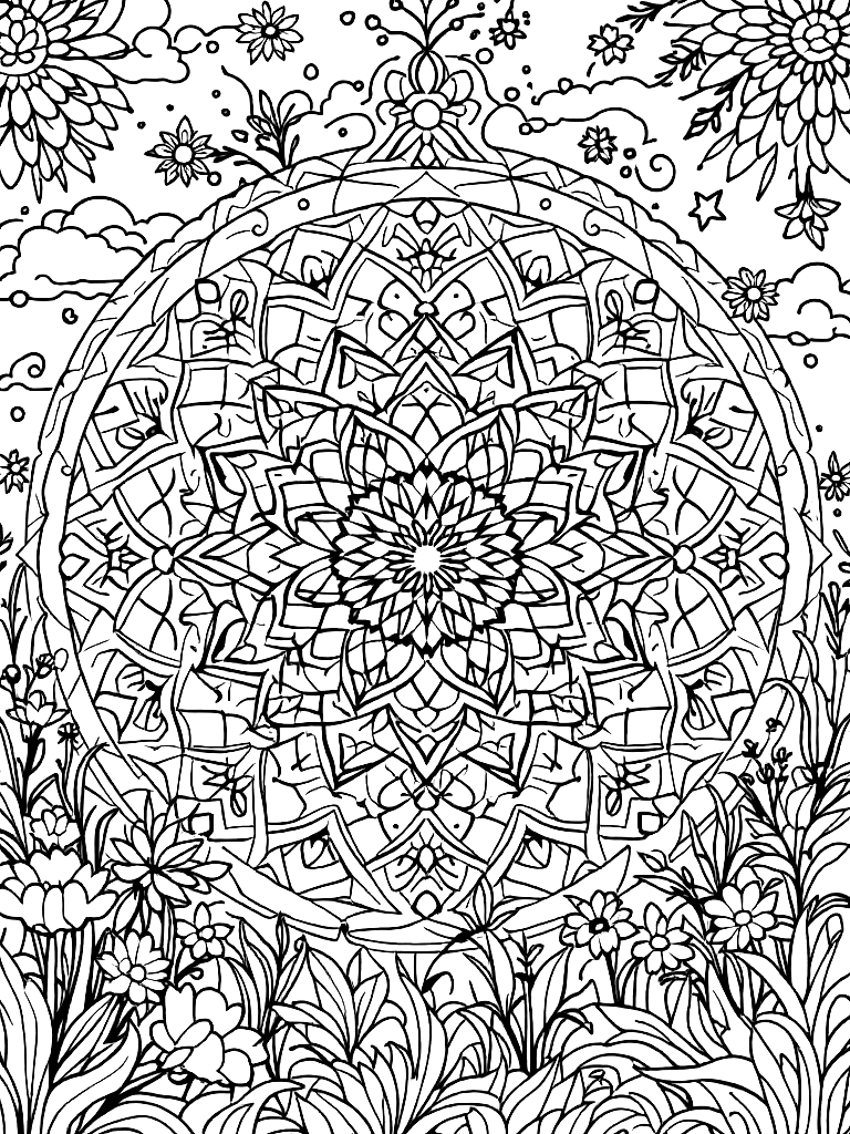 Sleep and rest themed mandala, perfect radial symmetry, soft flowing curved lines, rounded edges only, crescent moon shapes integrated into circular geometry, gentle cloud-like forms, subtle star elements embedded within pattern, wide balanced spacing between layers, calming and slow visual rhythm, no sharp points, no harsh geometry, clean black vector line art, adult coloring book page, white background, printable 8.5x8.5 with bleed, high resolution, no shading, no gray tones, no color fill, no textures, in a peaceful resting pose, in a sunlit meadow with wildflowers coloring page Contour style free printable