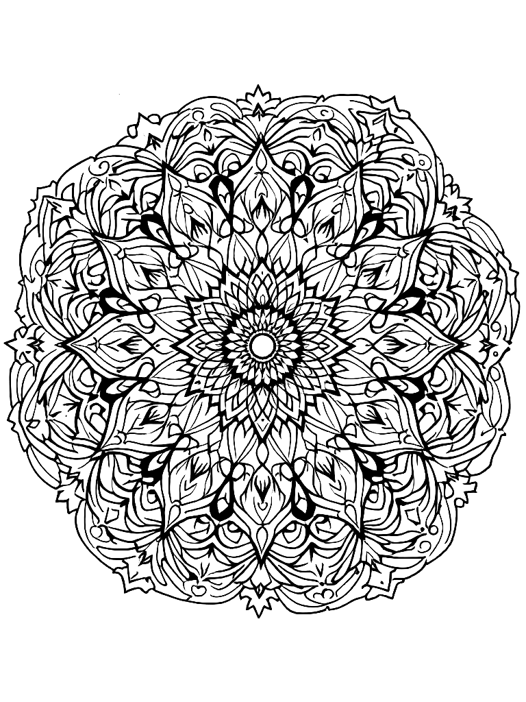 Sleep and rest themed mandala, perfect radial symmetry, soft flowing curved lines, rounded edges only, crescent moon shapes integrated into circular geometry, gentle cloud-like forms, subtle star elements embedded within pattern, wide balanced spacing between layers, calming and slow visual rhythm, no sharp points, no harsh geometry, clean black vector line art, adult coloring book page, white background, printable 8.5x8.5 with bleed, high resolution, no shading, no gray tones, no color fill, no textures, from a three-quarter side angle, in a cozy indoor setting with warm details coloring page Contour style free printable
