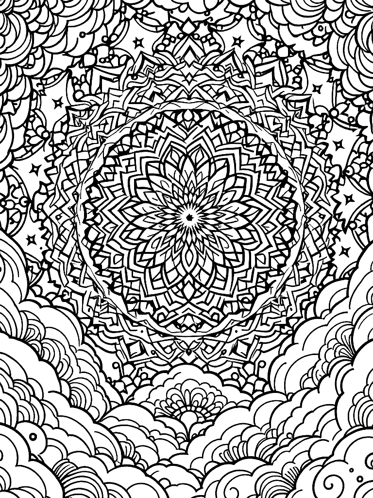 Sleep and rest themed mandala, perfect radial symmetry, soft flowing curved lines, rounded edges only, crescent moon shapes integrated into circular geometry, gentle cloud-like forms, subtle star elements embedded within pattern, wide balanced spacing between layers, calming and slow visual rhythm, no sharp points, no harsh geometry, clean black vector line art, adult coloring book page, white background, printable 8.5x8.5 with bleed, high resolution, no shading, no gray tones, no color fill, no textures, in an action pose with dynamic movement, under a starlit night sky coloring page Contour style free printable