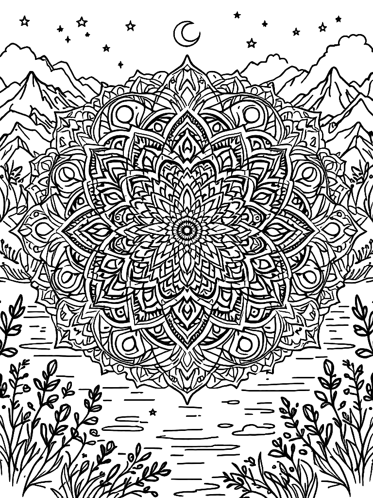 Sleep and rest themed mandala, perfect radial symmetry, soft flowing curved lines, rounded edges only, crescent moon shapes integrated into circular geometry, gentle cloud-like forms, subtle star elements embedded within pattern, wide balanced spacing between layers, calming and slow visual rhythm, no sharp points, no harsh geometry, clean black vector line art, adult coloring book page, white background, printable 8.5x8.5 with bleed, high resolution, no shading, no gray tones, no color fill, no textures, from the front, facing the viewer, by a calm lake with mountains in the background coloring page Contour style free printable