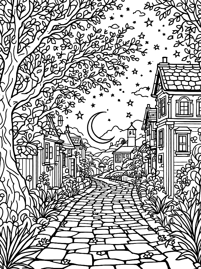 Sleep and rest themed mandala, perfect radial symmetry, soft flowing curved lines, rounded edges only, crescent moon shapes integrated into circular geometry, gentle cloud-like forms, subtle star elements embedded within pattern, wide balanced spacing between layers, calming and slow visual rhythm, no sharp points, no harsh geometry, clean black vector line art, adult coloring book page, white background, printable 8.5x8.5 with bleed, high resolution, no shading, no gray tones, no color fill, no textures, from the side in full profile view, on a cobblestone path in a charming village coloring page Contour style free printable