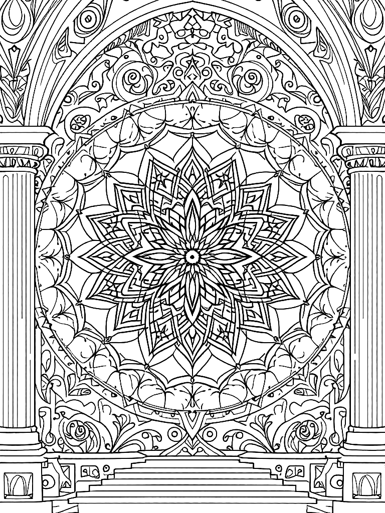 Free sleep and rest themed mandala, perfect radial symmetry, soft flowing curved lines, rounded edges only, crescent moon shapes integrated into circular geometry, gentle cloud-like forms, subtle star elements embedded within pattern, wide balanced spacing between layers, calming and slow visual rhythm, no sharp points, no harsh geometry, clean black vector line art, adult coloring book page, white background, printable 8.5x8.5 with bleed, high resolution, no shading, no gray tones, no color fill, no textures, from a bird's eye view looking down, in front of an ornate architectural backdrop coloring page in contour style — printable line art