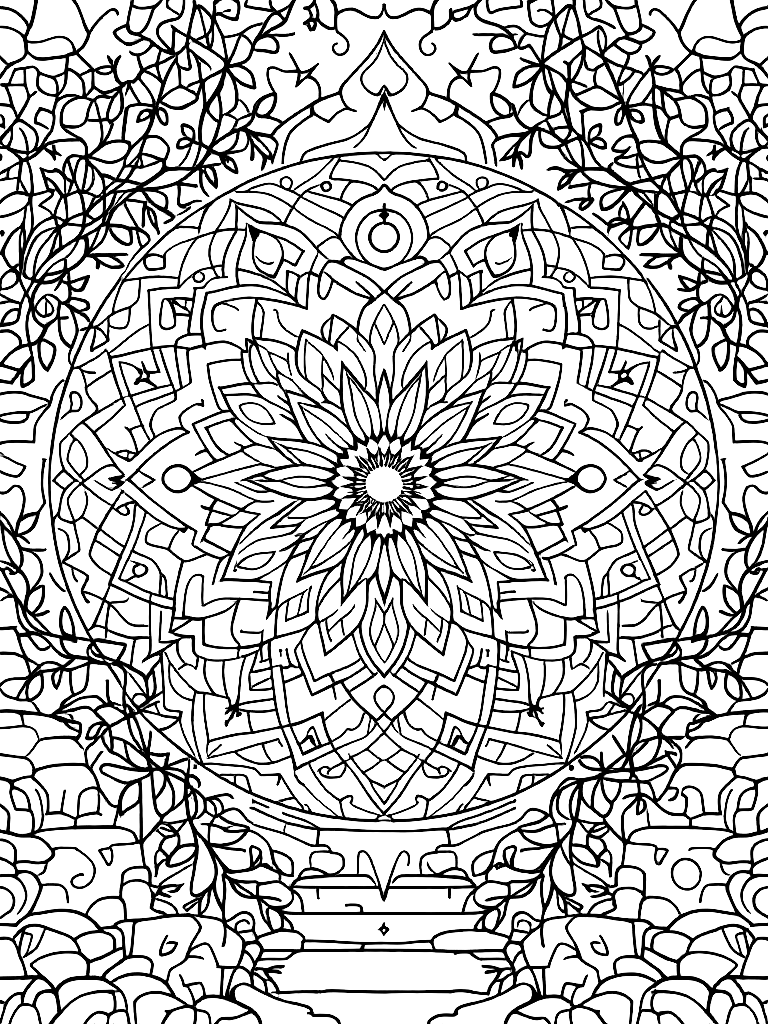 Sleep and rest themed mandala, perfect radial symmetry, soft flowing curved lines, rounded edges only, crescent moon shapes integrated into circular geometry, gentle cloud-like forms, subtle star elements embedded within pattern, wide balanced spacing between layers, calming and slow visual rhythm, no sharp points, no harsh geometry, clean black vector line art, adult coloring book page, white background, printable 8.5x8.5 with bleed, high resolution, no shading, no gray tones, no color fill, no textures, from behind, looking away into the distance, in a garden with vines and stone walls coloring page Contour style free printable