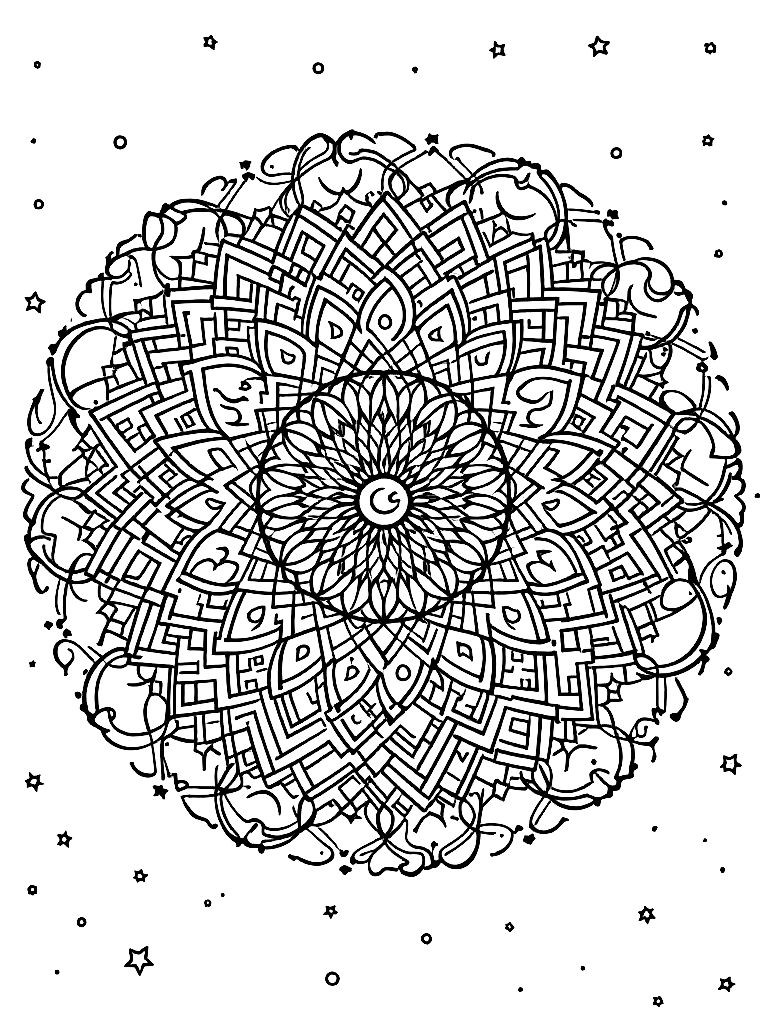Free sleep and rest themed mandala, perfect radial symmetry, soft flowing curved lines, rounded edges only, crescent moon shapes integrated into circular geometry, gentle cloud-like forms, subtle star elements embedded within pattern, wide balanced spacing between layers, calming and slow visual rhythm, no sharp points, no harsh geometry, clean black vector line art, adult coloring book page, white background, printable 8.5x8.5 with bleed, high resolution, no shading, no gray tones, no color fill, no textures, surrounded by a decorative border frame, in a snowy winter landscape coloring page in contour style — printable line art