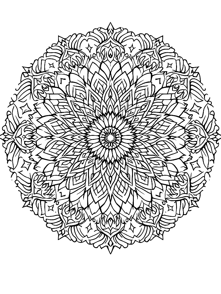 Sleep and rest themed mandala, perfect radial symmetry, soft flowing curved lines, rounded edges only, crescent moon shapes integrated into circular geometry, gentle cloud-like forms, subtle star elements embedded within pattern, wide balanced spacing between layers, calming and slow visual rhythm, no sharp points, no harsh geometry, clean black vector line art, adult coloring book page, white background, printable 8.5x8.5 with bleed, high resolution, no shading, no gray tones, no color fill, no textures coloring page Contour style free printable