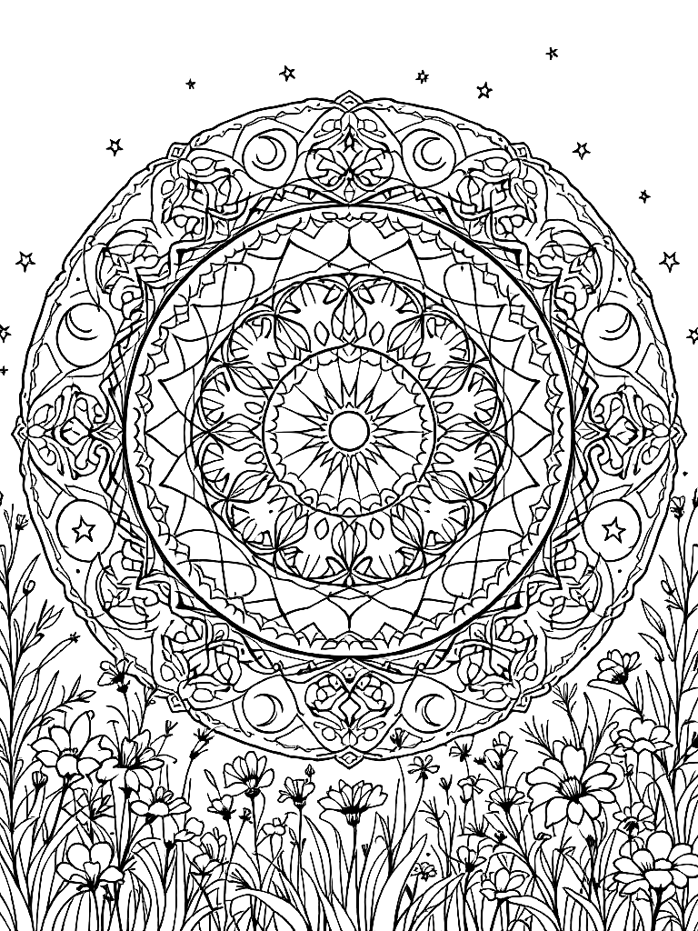 Sleep and rest themed mandala, perfect radial symmetry, soft flowing curved lines, rounded edges only, crescent moon shapes integrated into circular geometry, gentle cloud-like forms, subtle star elements embedded within pattern, wide balanced spacing between layers, calming and slow visual rhythm, no sharp points, no harsh geometry, clean black vector line art, adult coloring book page, white background, printable 8.5x8.5 with bleed, high resolution, no shading, no gray tones, no color fill, no textures, from a three-quarter side angle, in a sunlit meadow with wildflowers coloring page Contour style free printable