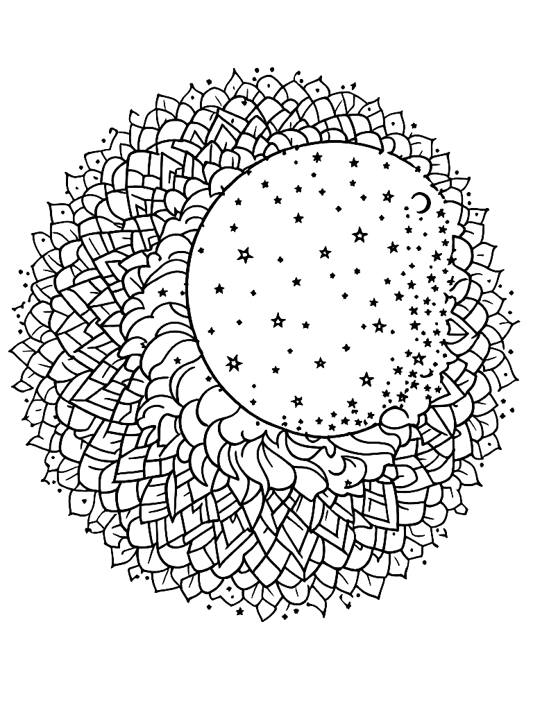 Sleep and rest themed mandala, perfect radial symmetry, soft flowing curved lines, rounded edges only, crescent moon shapes integrated into circular geometry, gentle cloud-like forms, subtle star elements embedded within pattern, wide balanced spacing between layers, calming and slow visual rhythm, no sharp points, no harsh geometry, clean black vector line art, adult coloring book page, white background, printable 8.5x8.5 with bleed, high resolution, no shading, no gray tones, no color fill, no textures, from the side in full profile view, in a cozy indoor setting with warm details coloring page Contour style free printable