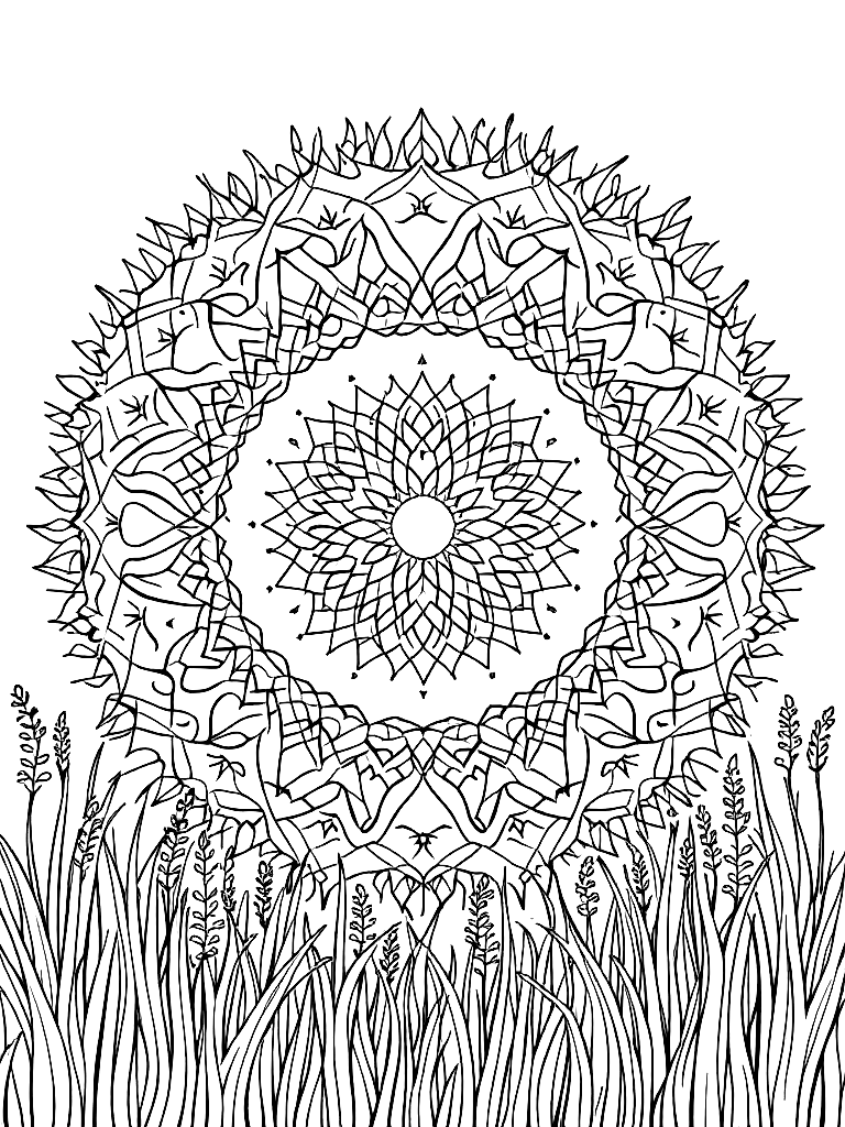 Sleep and rest themed mandala, perfect radial symmetry, soft flowing curved lines, rounded edges only, crescent moon shapes integrated into circular geometry, gentle cloud-like forms, subtle star elements embedded within pattern, wide balanced spacing between layers, calming and slow visual rhythm, no sharp points, no harsh geometry, clean black vector line art, adult coloring book page, white background, printable 8.5x8.5 with bleed, high resolution, no shading, no gray tones, no color fill, no textures, from a bird's eye view looking down, in a field of tall grass at golden hour coloring page Contour style free printable