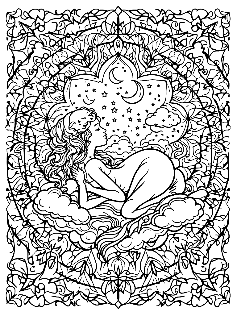 Sleep and rest themed mandala, perfect radial symmetry, soft flowing curved lines, rounded edges only, crescent moon shapes integrated into circular geometry, gentle cloud-like forms, subtle star elements embedded within pattern, wide balanced spacing between layers, calming and slow visual rhythm, no sharp points, no harsh geometry, clean black vector line art, adult coloring book page, white background, printable 8.5x8.5 with bleed, high resolution, no shading, no gray tones, no color fill, no textures, in a peaceful resting pose, under a starlit night sky coloring page Contour style free printable