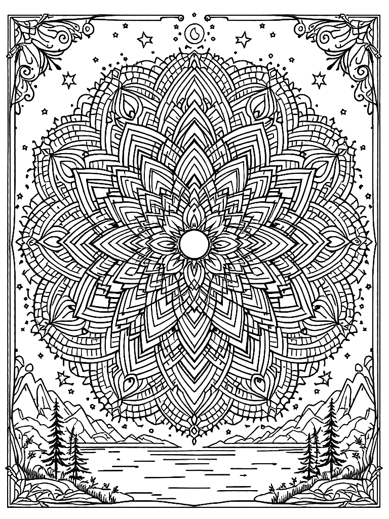 Sleep and rest themed mandala, perfect radial symmetry, soft flowing curved lines, rounded edges only, crescent moon shapes integrated into circular geometry, gentle cloud-like forms, subtle star elements embedded within pattern, wide balanced spacing between layers, calming and slow visual rhythm, no sharp points, no harsh geometry, clean black vector line art, adult coloring book page, white background, printable 8.5x8.5 with bleed, high resolution, no shading, no gray tones, no color fill, no textures, surrounded by a decorative border frame, by a calm lake with mountains in the background coloring page Contour style free printable