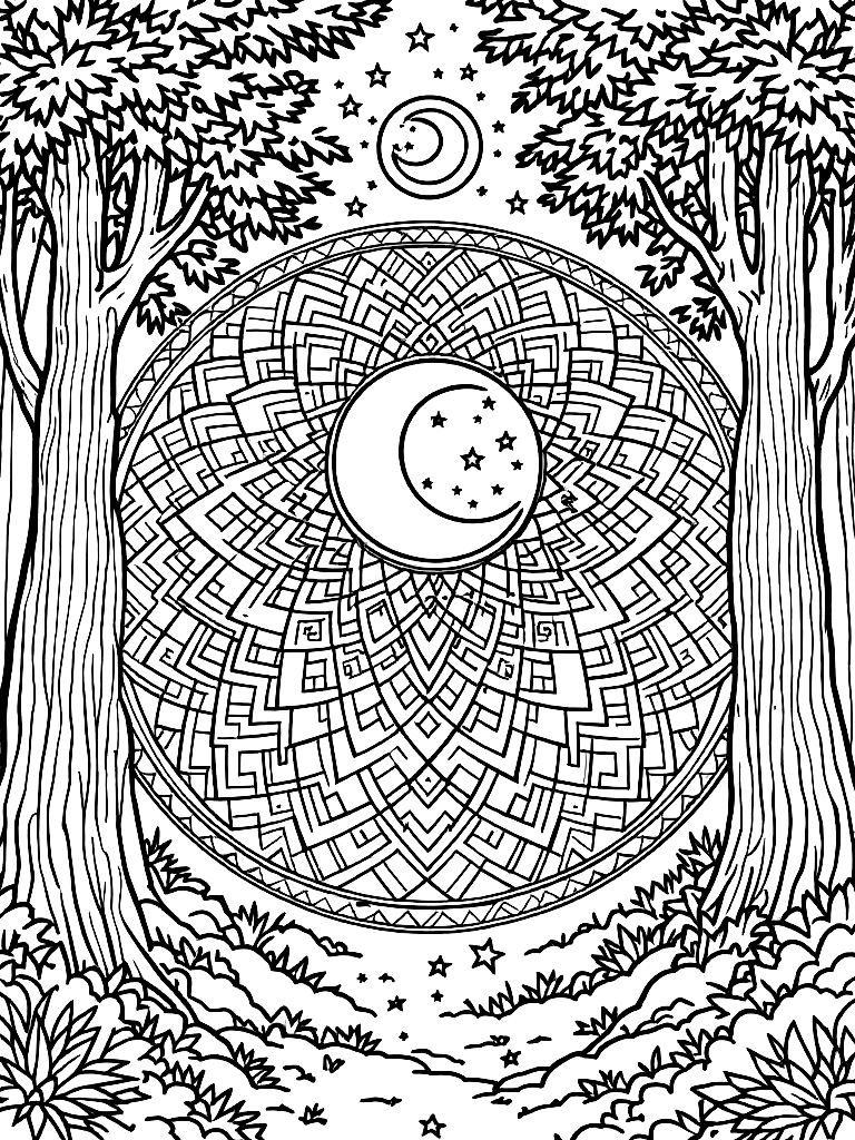 Sleep and rest themed mandala, perfect radial symmetry, soft flowing curved lines, rounded edges only, crescent moon shapes integrated into circular geometry, gentle cloud-like forms, subtle star elements embedded within pattern, wide balanced spacing between layers, calming and slow visual rhythm, no sharp points, no harsh geometry, clean black vector line art, adult coloring book page, white background, printable 8.5x8.5 with bleed, high resolution, no shading, no gray tones, no color fill, no textures, from behind, looking away into the distance, in a forest clearing surrounded by tall trees coloring page Contour style free printable